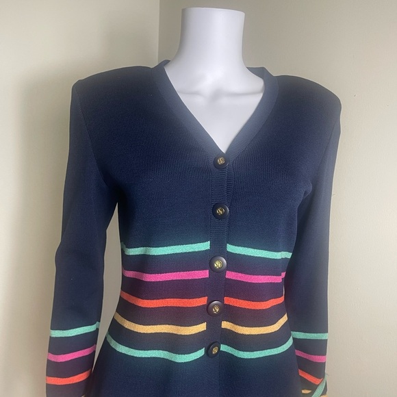 St. John knit Navy Cardigan sweater jacket with Multicolor Stripes - Picture 4 of 9
